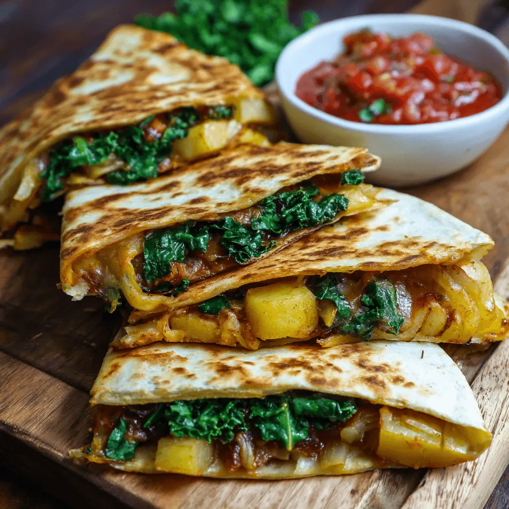 Close-up of golden-brown Potato and Bean Quesadillas Vegan wedges stacked on a rustic wooden board with salsa.