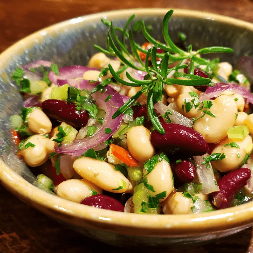 Vibrant three bean salad with red onion, herbs, and a rosemary garnish in a rustic ceramic bowl.
