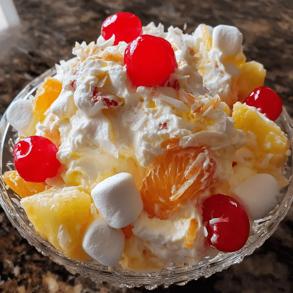Vibrant ambrosia salad recipe in an ornate glass bowl, featuring creamy whipped base, pineapple, mandarin oranges, cherries, marshmallows, and toasted coconut on a dark stone background.