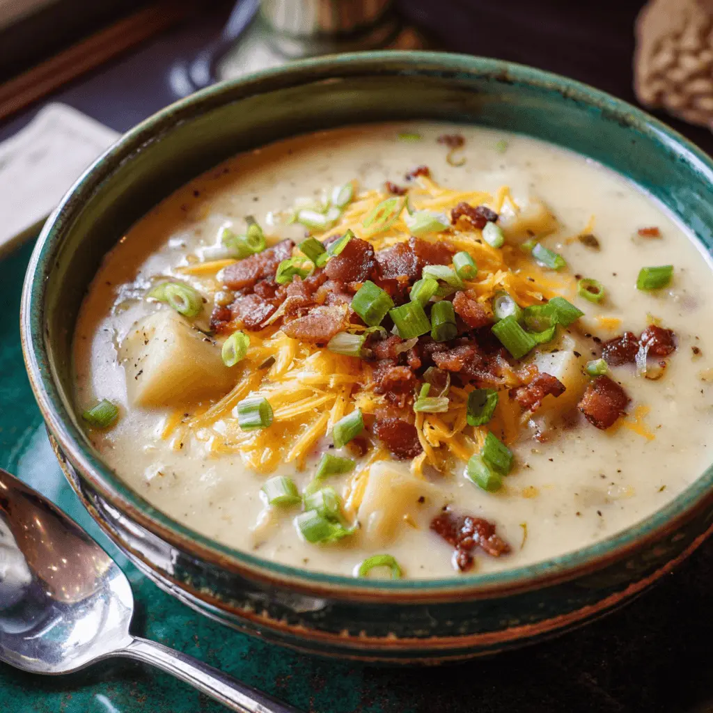 Close-up of a hearty slow cooker potato soup, generously garnished with shredded cheddar cheese, crispy bacon bits, and fresh green onions.