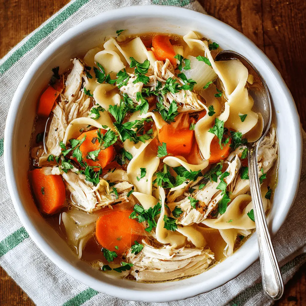 Close-up of a steaming, appetizing bowl of homemade slow cooker chicken noodle soup with fresh parsley on a rustic wooden surface.