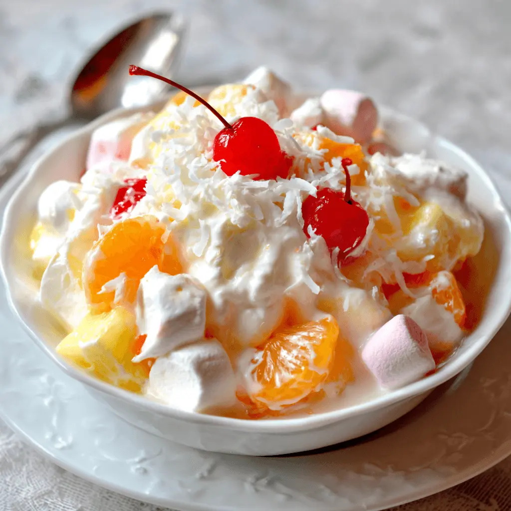 A vibrant close-up of a delicious ambrosia fruit salad in a white bowl, topped with whipped cream, cherries, and coconut.
