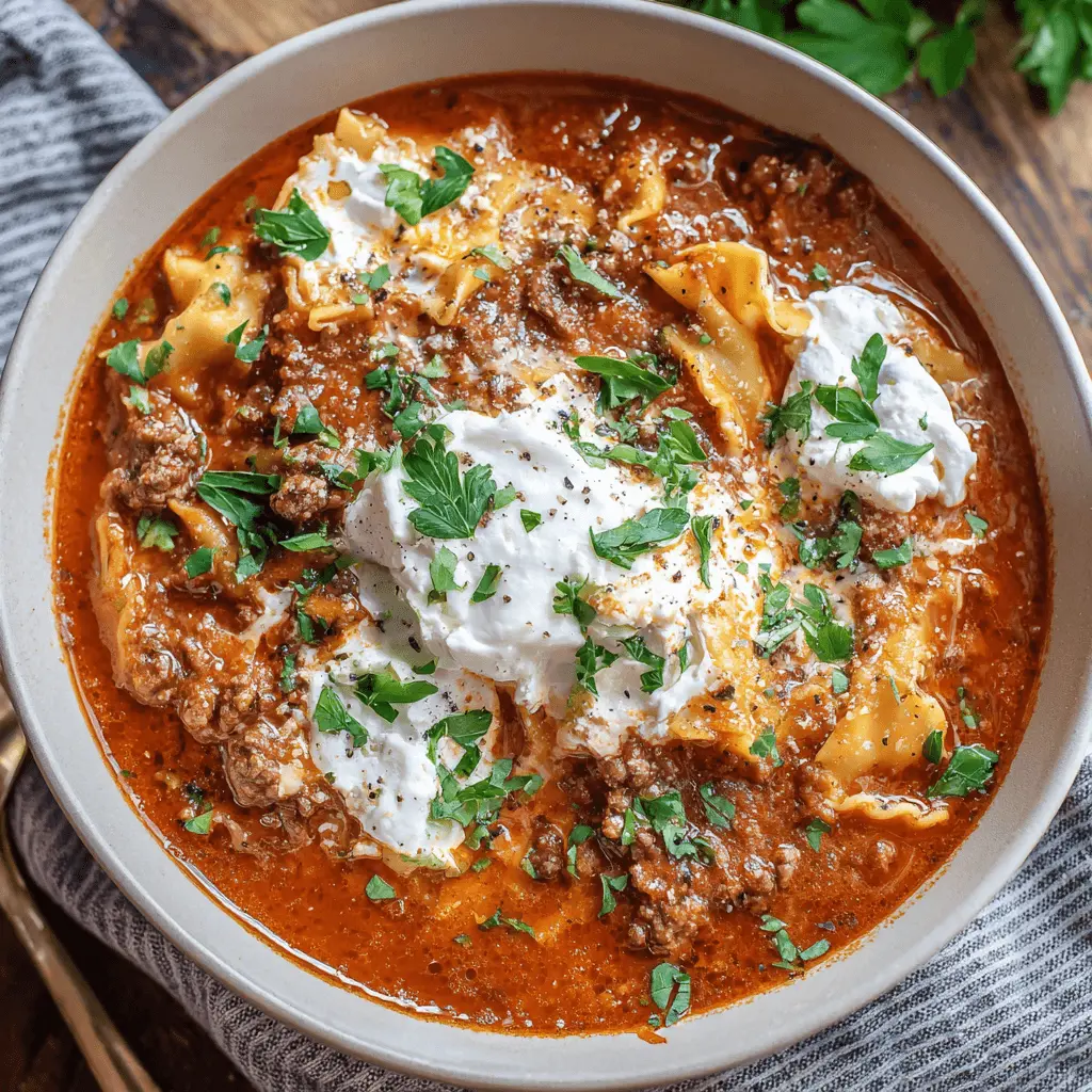 Overhead view of a hearty bowl of slow cooker lasagna soup, garnished with creamy ricotta, fresh parsley, and ground meat.