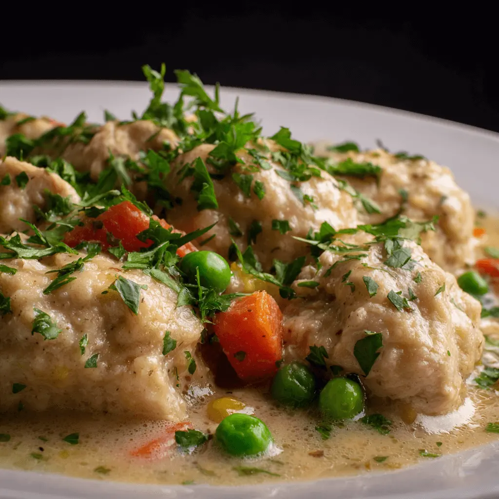 Close-up of creamy slow cooker chicken and dumplings garnished with fresh parsley, peas, and carrots on a white plate.