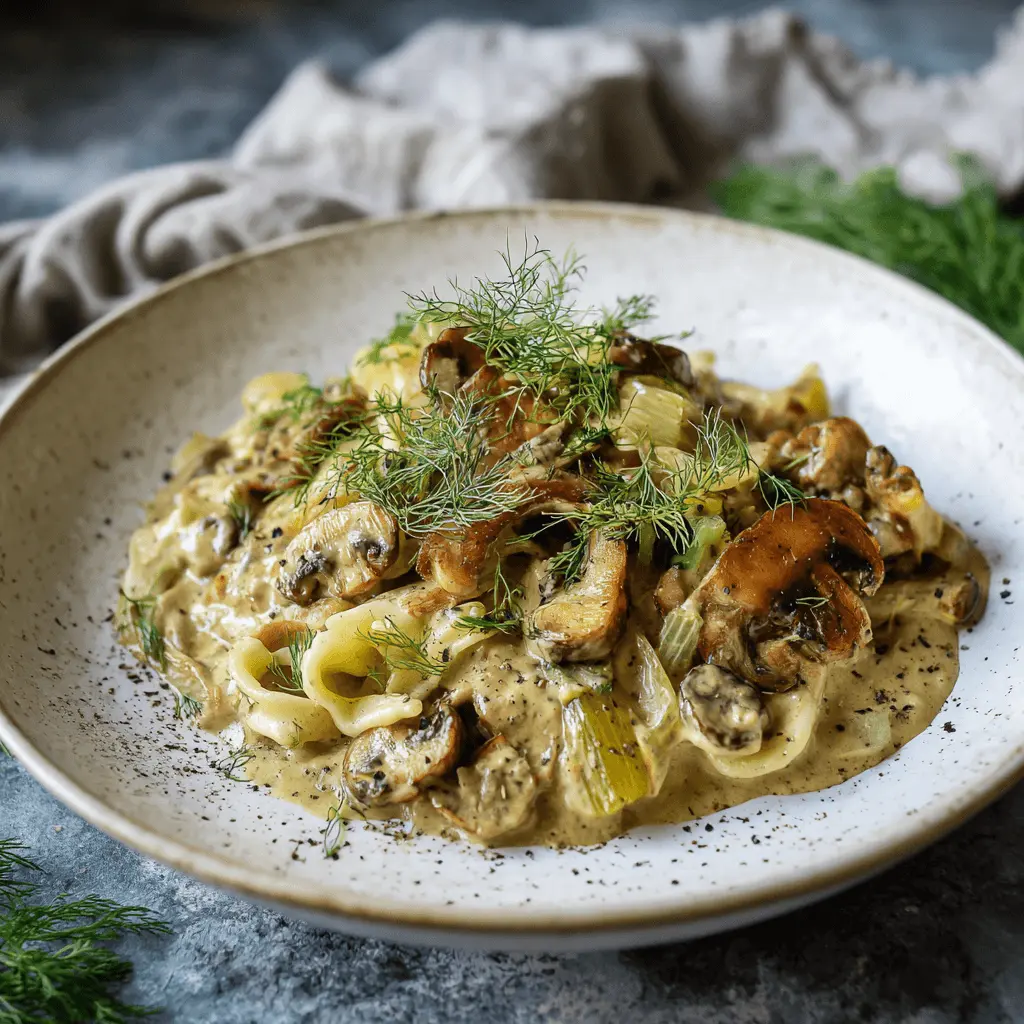 Creamy Vegan Mushroom Stroganoff pasta dish garnished with fresh dill on a rustic background.