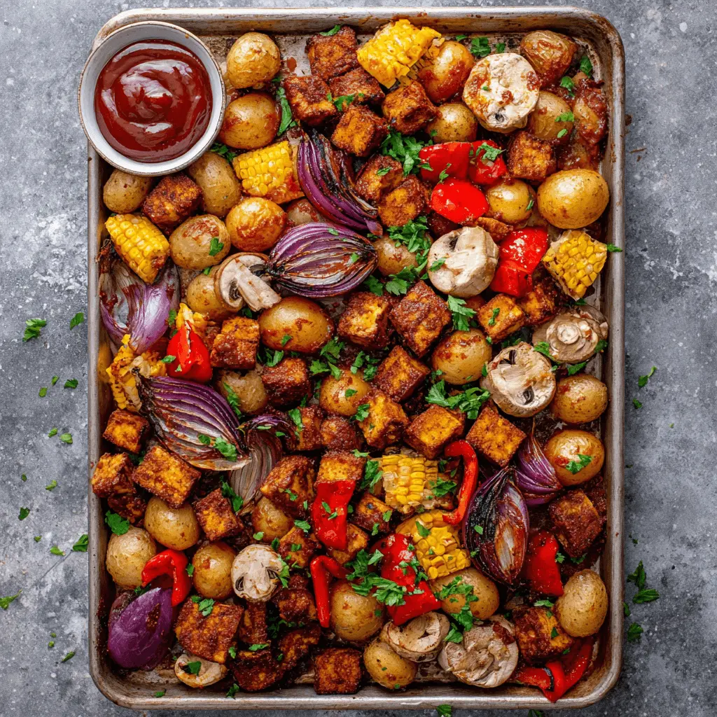 An overhead view of a vibrant Sheet-Pan Vegan BBQ With Roasted Vegetables, featuring tofu, potatoes, red onion, corn, mushrooms, and bell pepper, served with a dipping sauce.