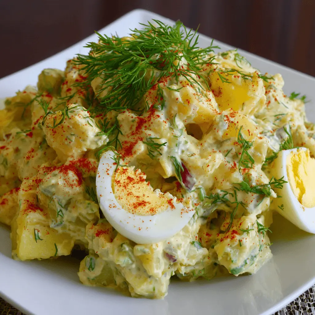 Classic potato salad recipe served on a white plate with fresh dill, hard-boiled eggs, and paprika.