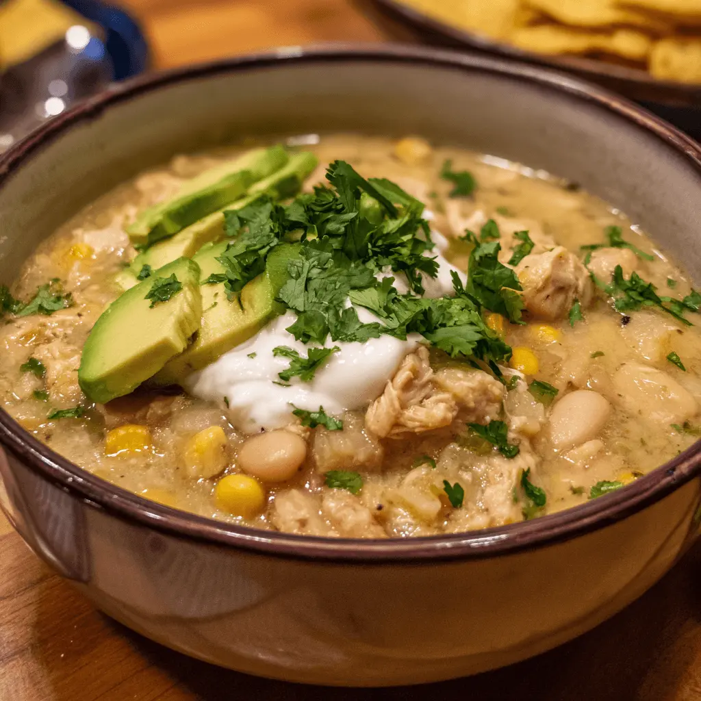 Close-up of a rustic bowl of healthy white chicken chili, garnished with fresh avocado, sour cream, and cilantro, on a wooden surface.