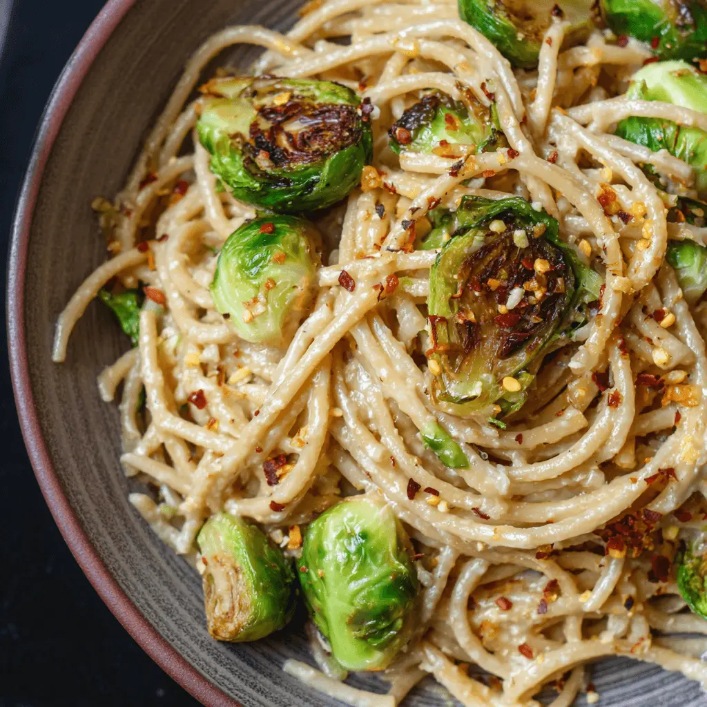Close-up, overhead view of a delicious bowl of Miso Pasta with Brussels Sprouts, garnished with red pepper flakes.