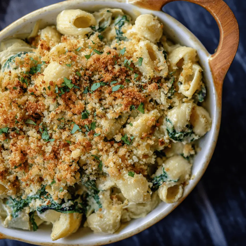 Close-up overhead of a golden-baked dish of creamy Vegan Spinach and Artichoke Mac and Cheese in a rustic ceramic baking dish.