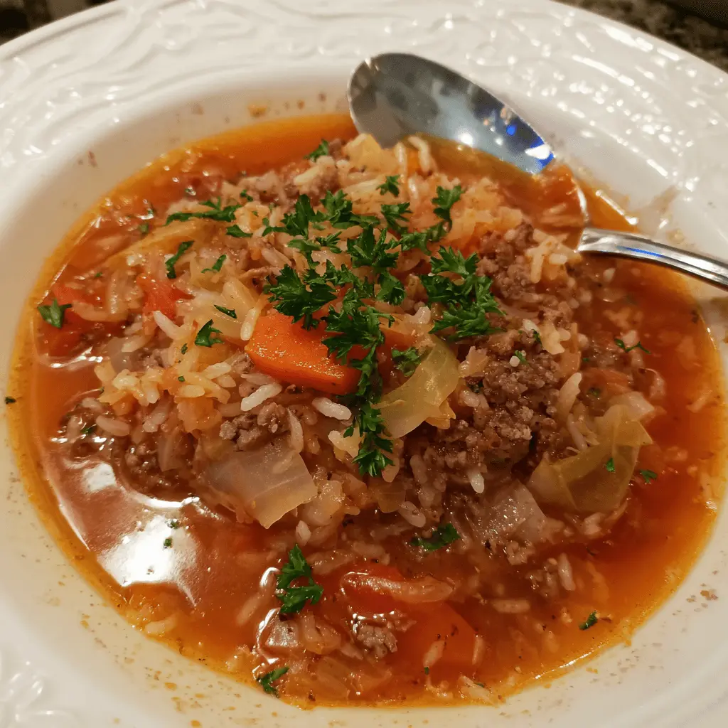A close-up of a decorative white bowl filled with hearty Unstuffed Cabbage Roll Soup, garnished with fresh parsley and a spoon.