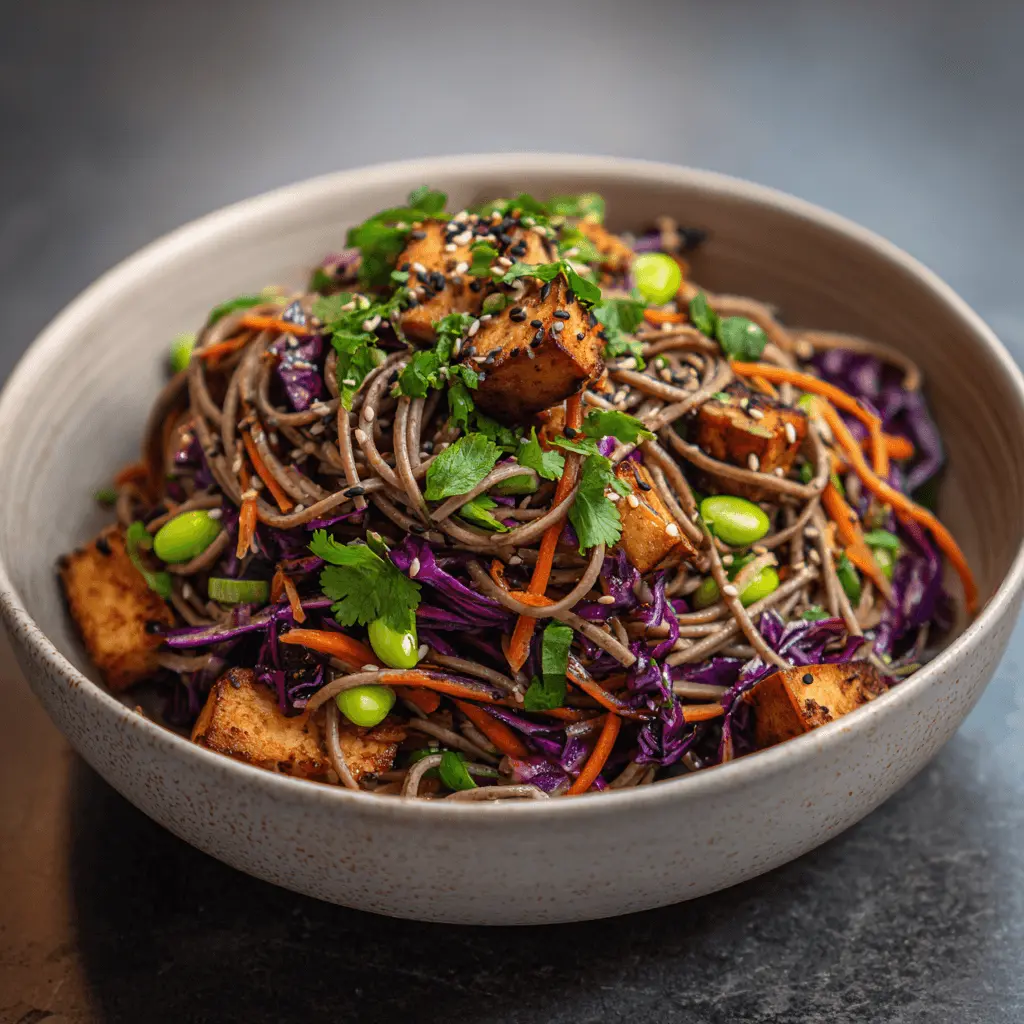 Vibrant Vegan Soba Noodle Salad with crispy tofu, red cabbage, carrots, edamame, and sesame seeds.