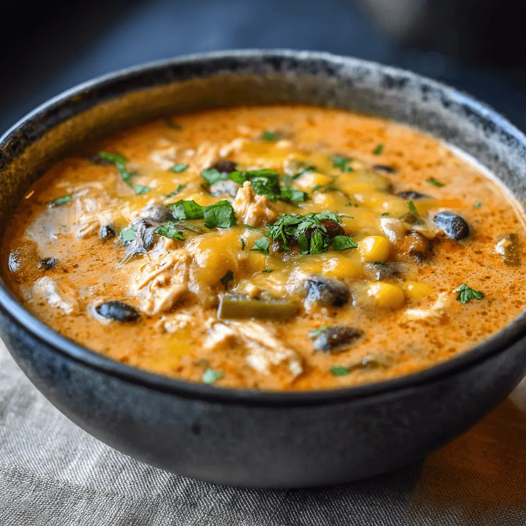 Close-up of a hearty, creamy chicken enchilada soup in a rustic bowl, garnished with cilantro.