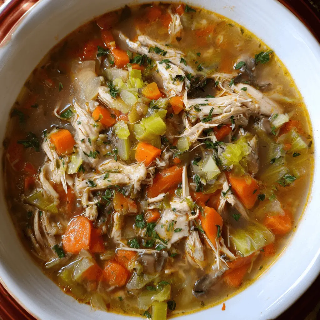 A close-up of a hearty chicken and vegetable soup, illustrating a delicious healthy soup recipe.