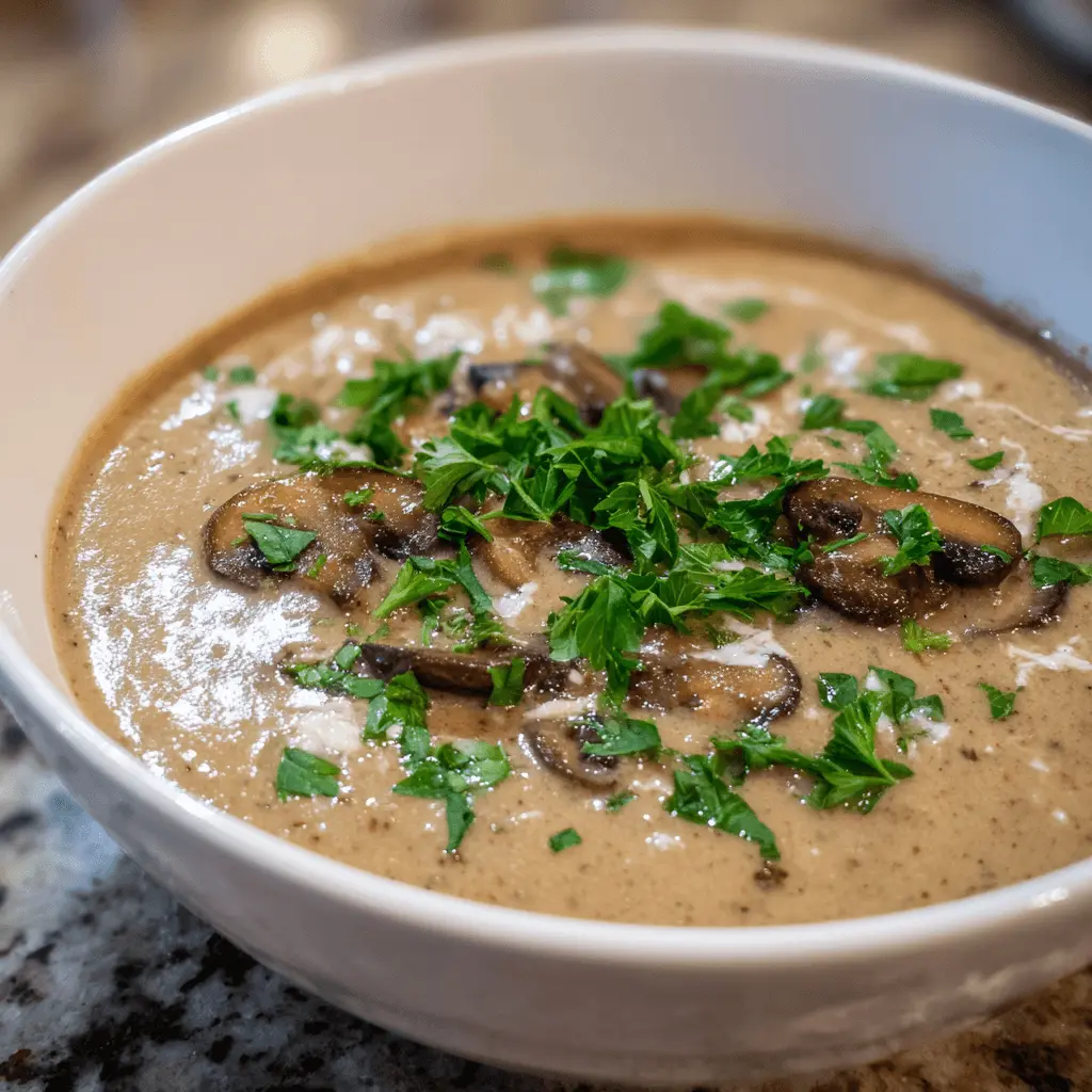 A beautifully garnished bowl of homemade cream of mushroom soup, perfect for a hearty cream of mushroom soup recipe.