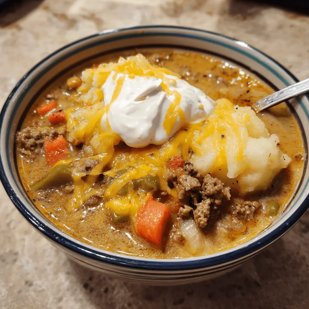 A hearty bowl of creamy shepherds pie soup, generously garnished with fluffy mashed potatoes, melted cheddar cheese, and a dollop of sour cream.