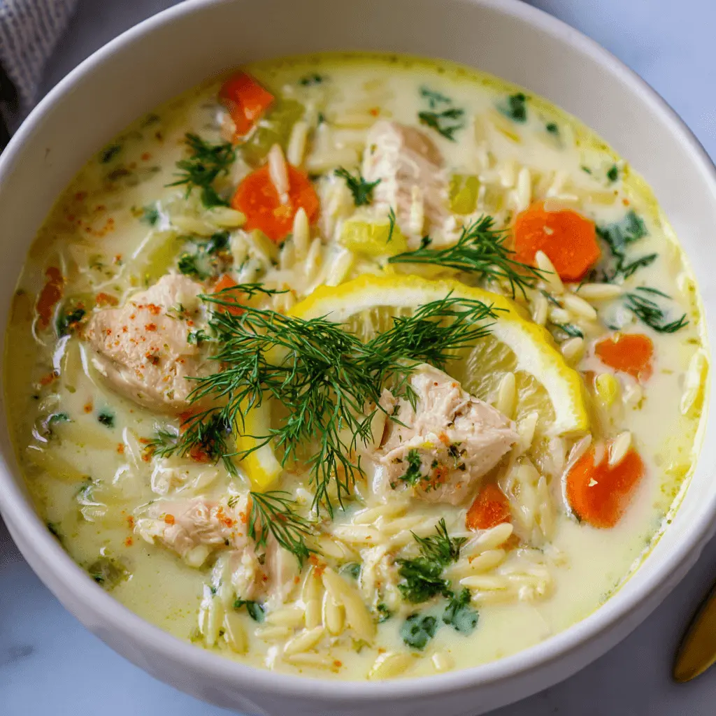 Creamy Greek lemon chicken soup (Avgolemono) with orzo, chicken, fresh dill, and lemon slices in a white bowl.
