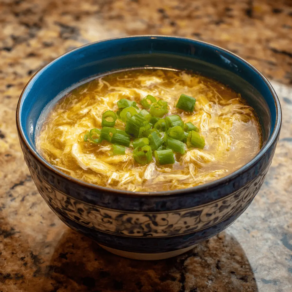 Vibrant egg drop soup with green onions on a stone counter, representing a delightful egg drop soup recipe.