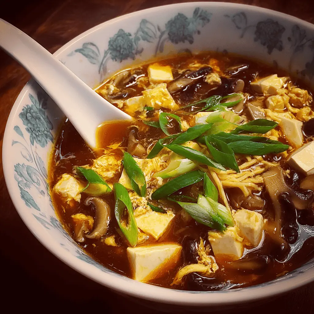 Steaming bowl of traditional hot and sour soup recipe with tofu, mushrooms, and fresh scallions.