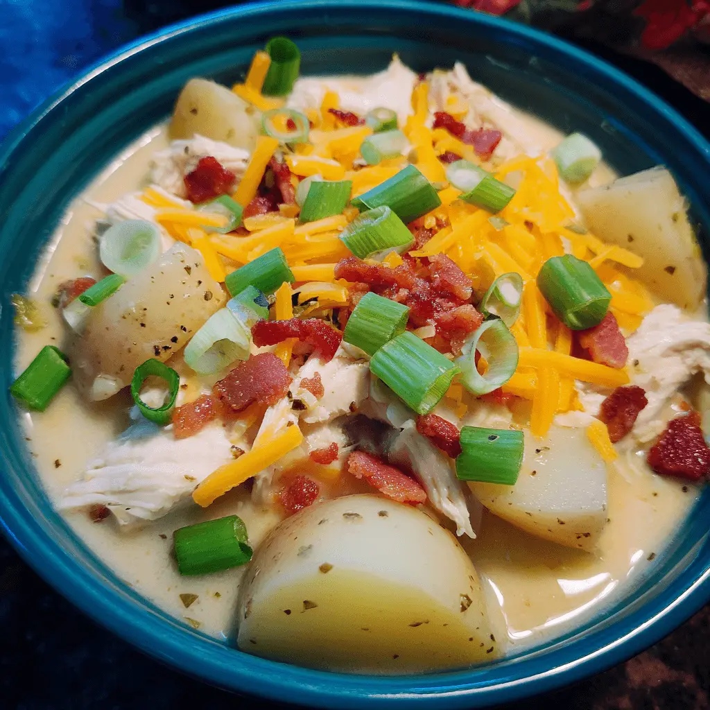 Hearty chicken and potato soup in a teal bowl, garnished with cheese, bacon, and green onions.