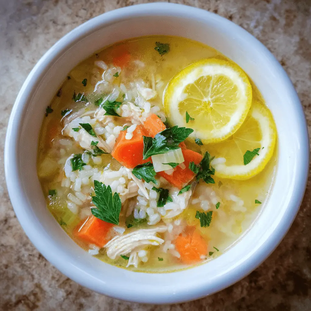 Close-up top-down view of a steaming bowl of homemade chicken lemon rice soup garnished with fresh parsley and lemon slices.
