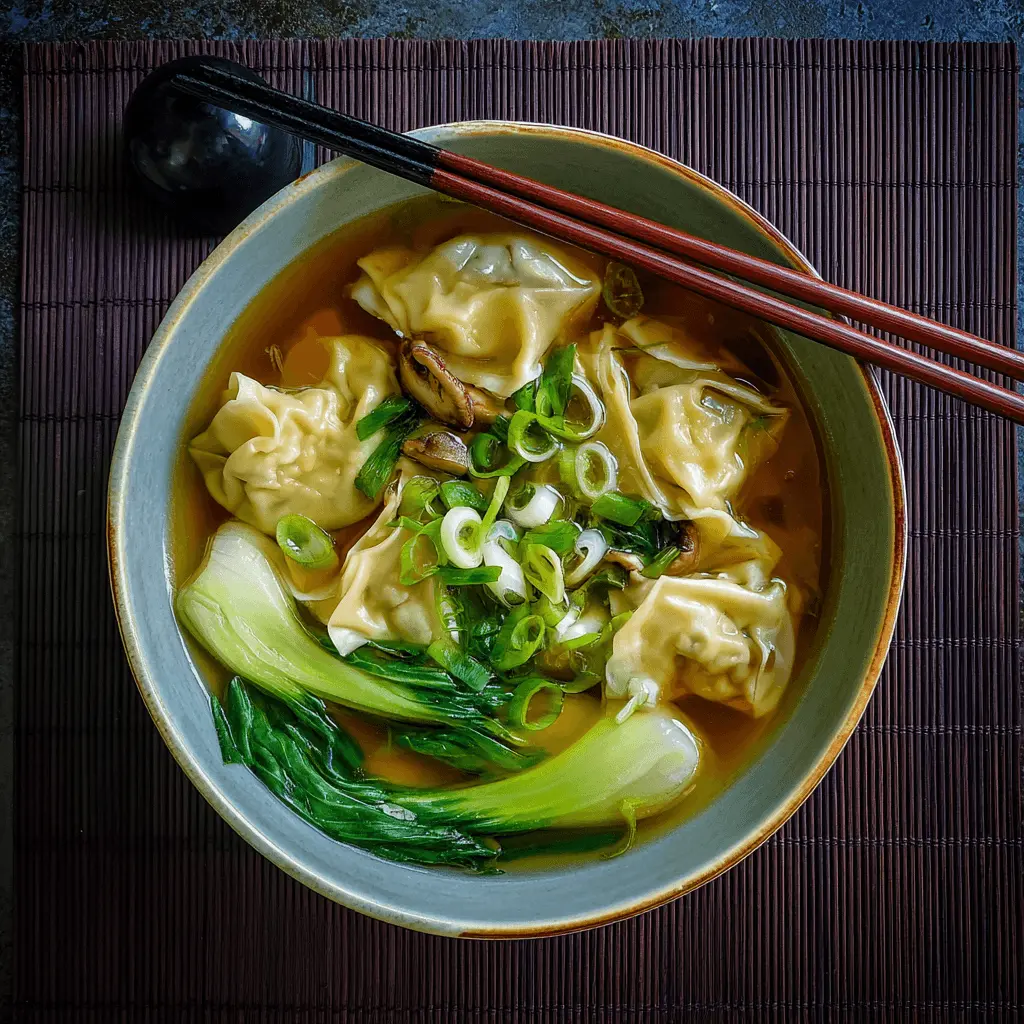 Steaming bowl of homemade wonton soup recipe with bok choy, shiitake mushrooms, and fresh scallions on a rustic background.