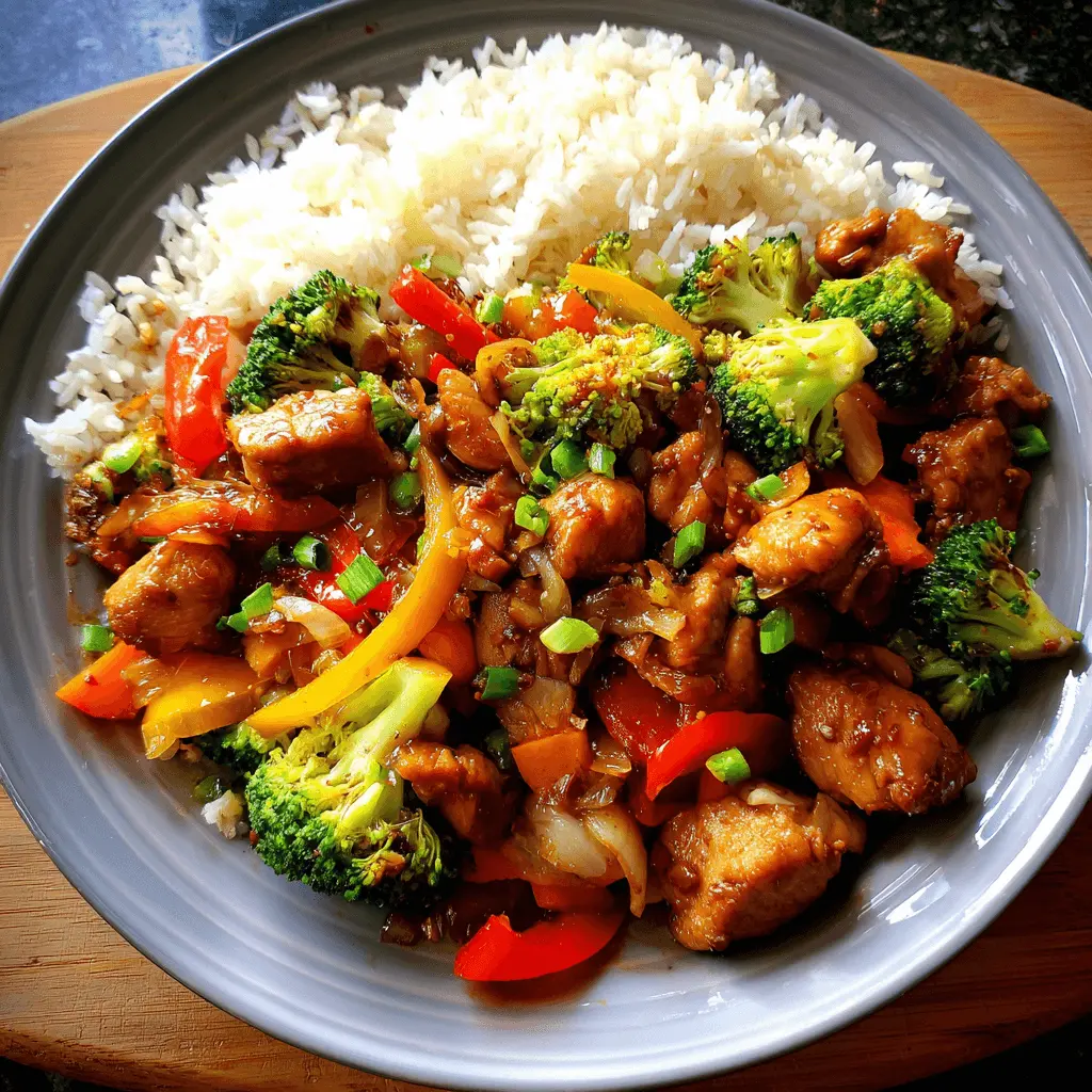 Vibrant chicken stir-fry with colorful vegetables and white rice on a light gray plate.