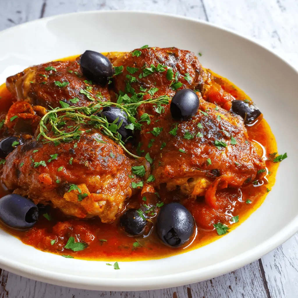 Close-up of a hearty Instant Pot Keto Mediterranean Chicken dish with olives, tomato sauce, and fresh herbs.