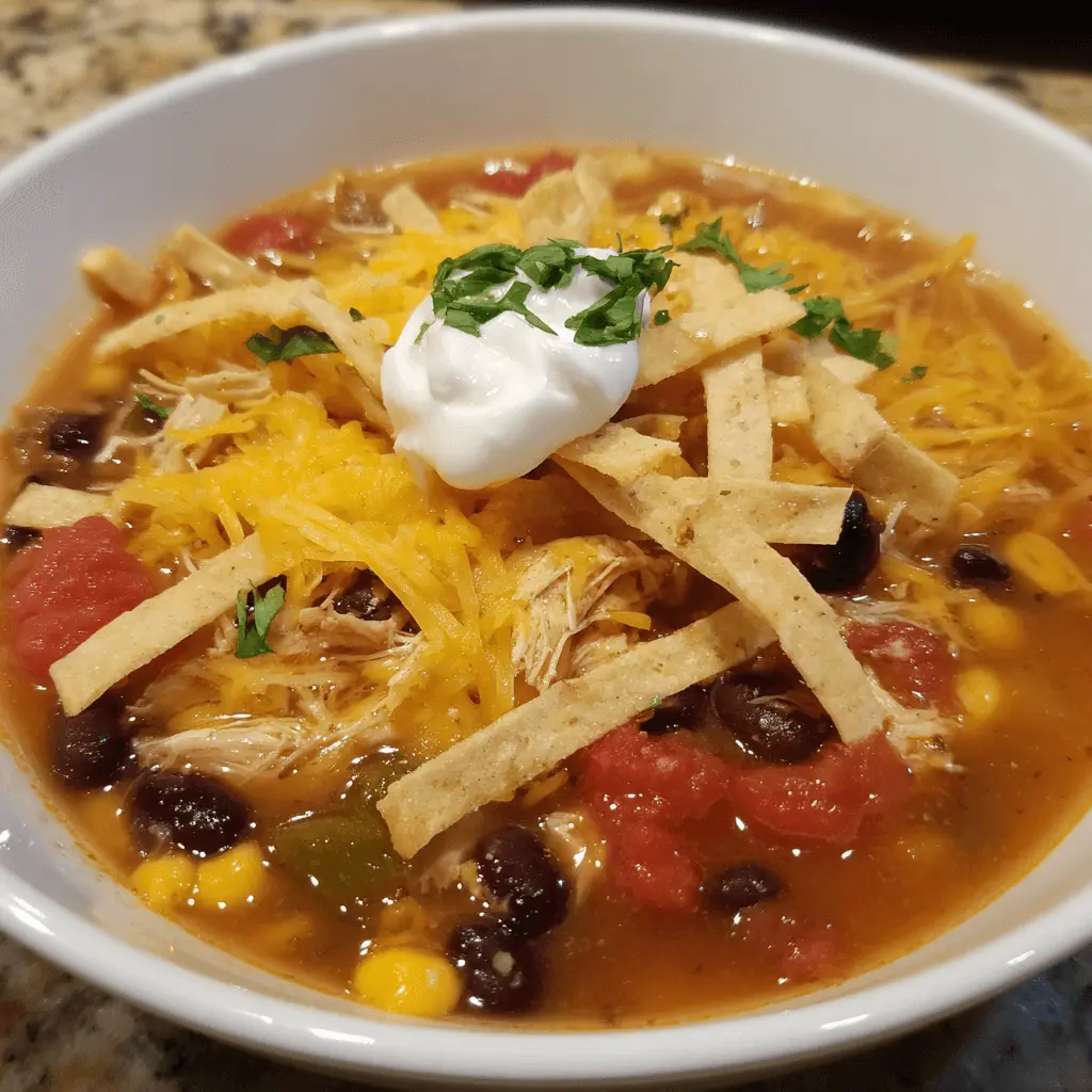 Hearty chicken tortilla soup with crispy tortilla strips, cheese, and a dollop of sour cream.
