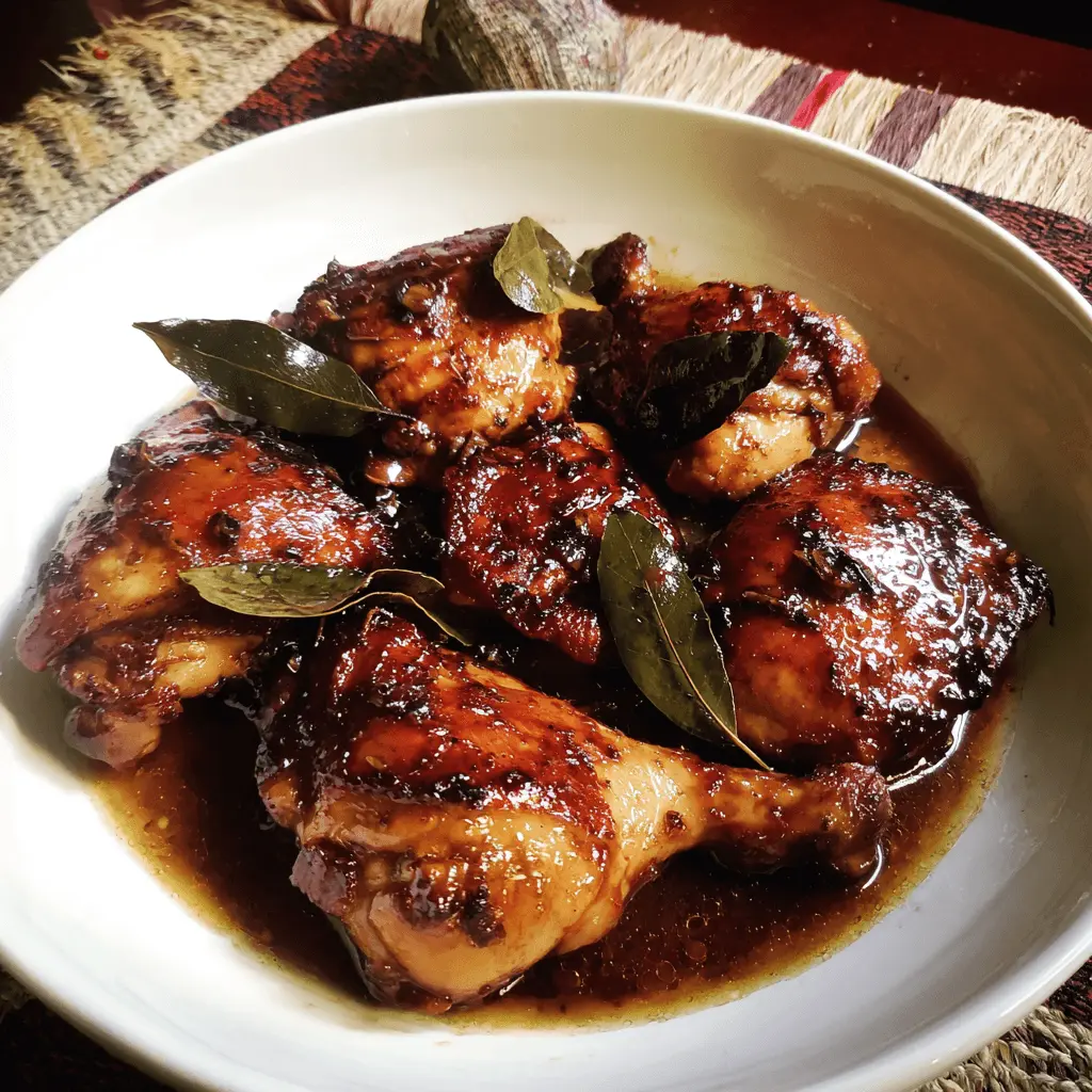 Close-up of glossy, caramelized Chicken Adobo served in a white bowl with bay leaves.