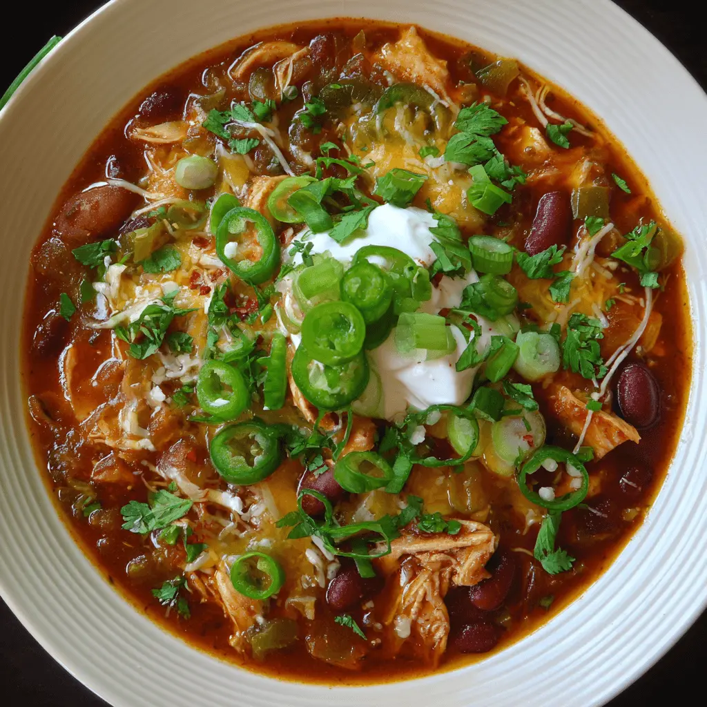 Overhead view of a vibrant bowl of Hot Chicken Chili, garnished with sour cream, green onions, jalapeños, and melted cheese.