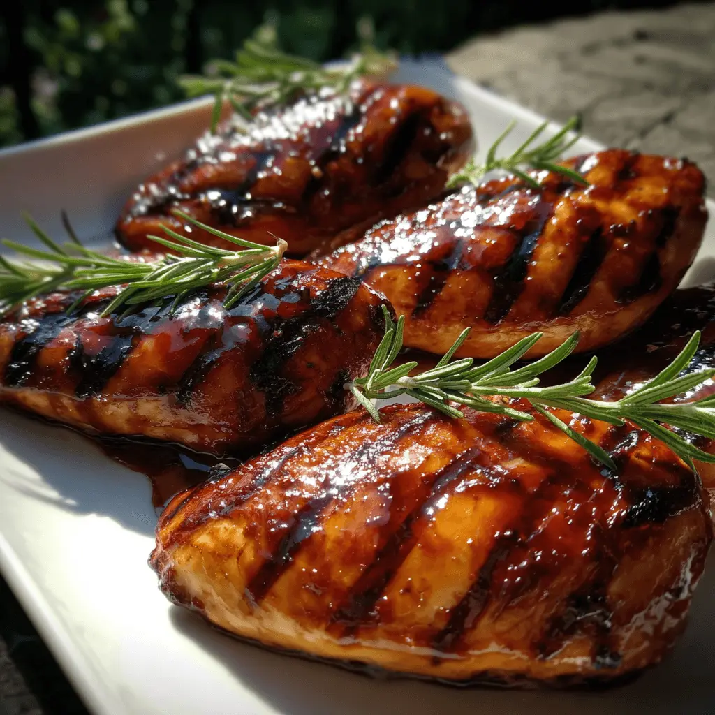 Close-up of appetizing glazed grilled Marinated Chicken Breasts garnished with fresh rosemary on a white platter.