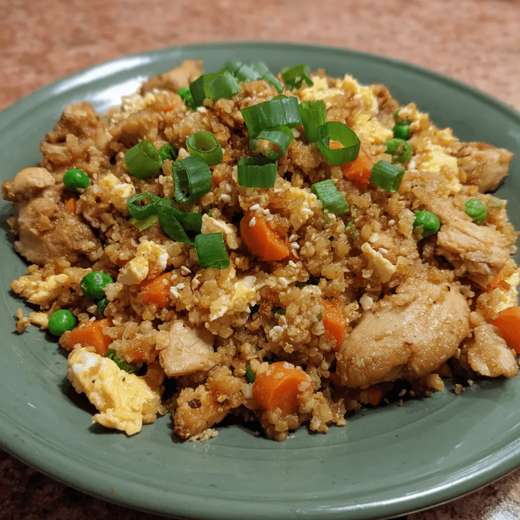 A vibrant serving of Chicken Cauliflower Fried Rice with chicken pieces, colorful vegetables, and egg, garnished with scallions and sesame seeds on a sage green plate.