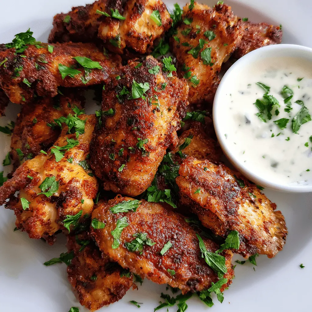 Crispy golden-brown air fryer chicken wings with fresh herbs and a creamy dipping sauce on a white plate.