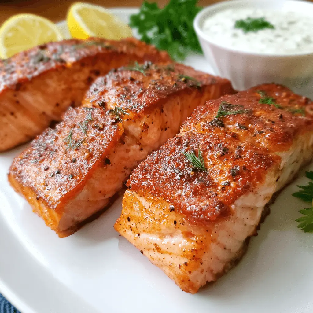 Close-up of four golden-brown air fryer salmon fillets garnished with fresh dill on a white plate, served with lemon and dipping sauce.