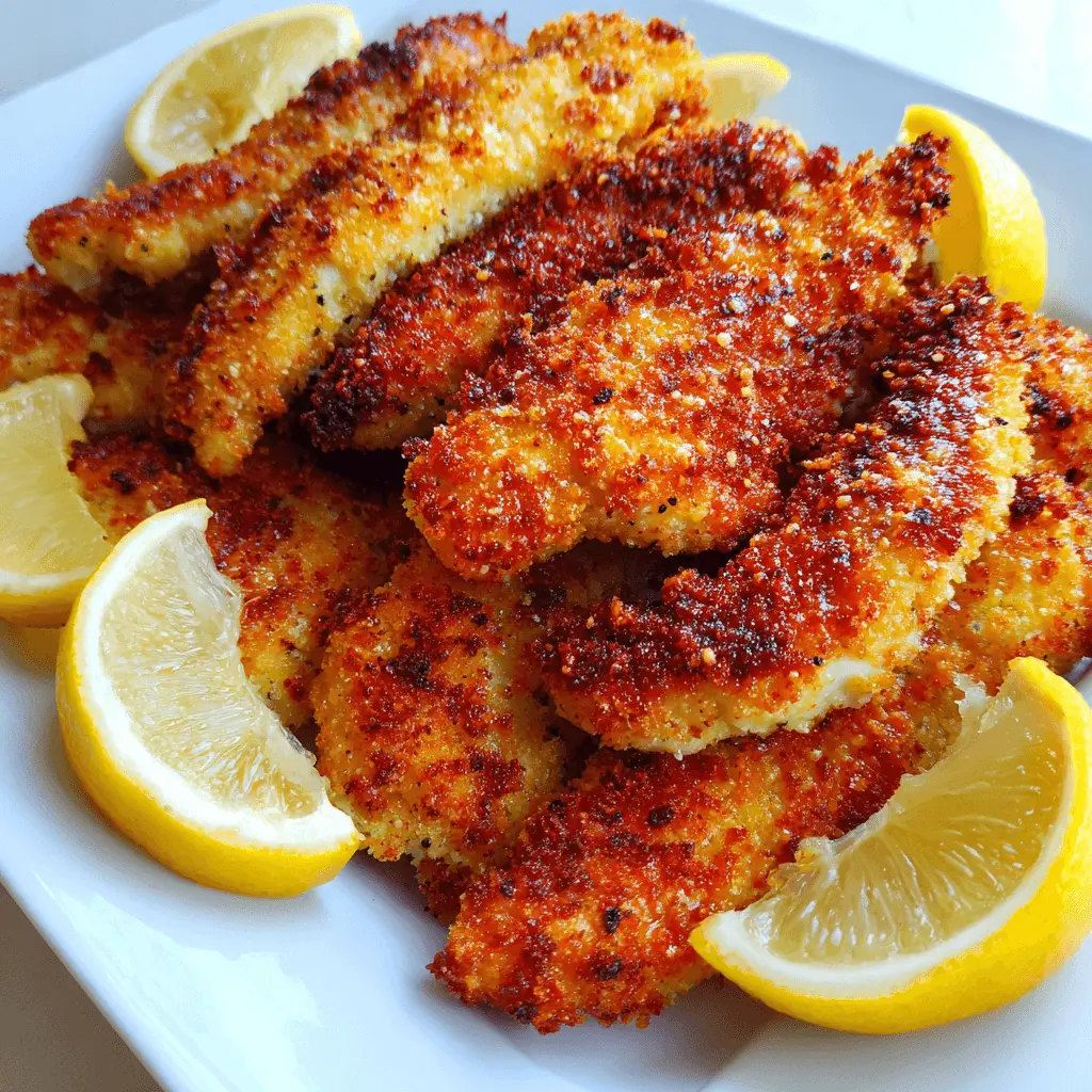Crispy golden air fryer chicken tenders served with fresh lemon wedges on a white platter.