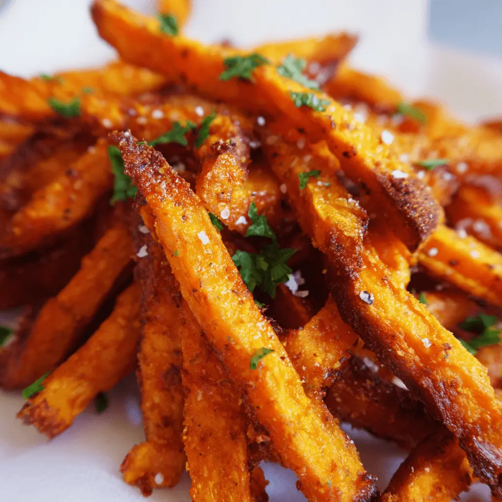 Close-up of perfectly seasoned, golden-brown air fryer sweet potato fries with crispy edges and a sprinkle of salt and herbs.