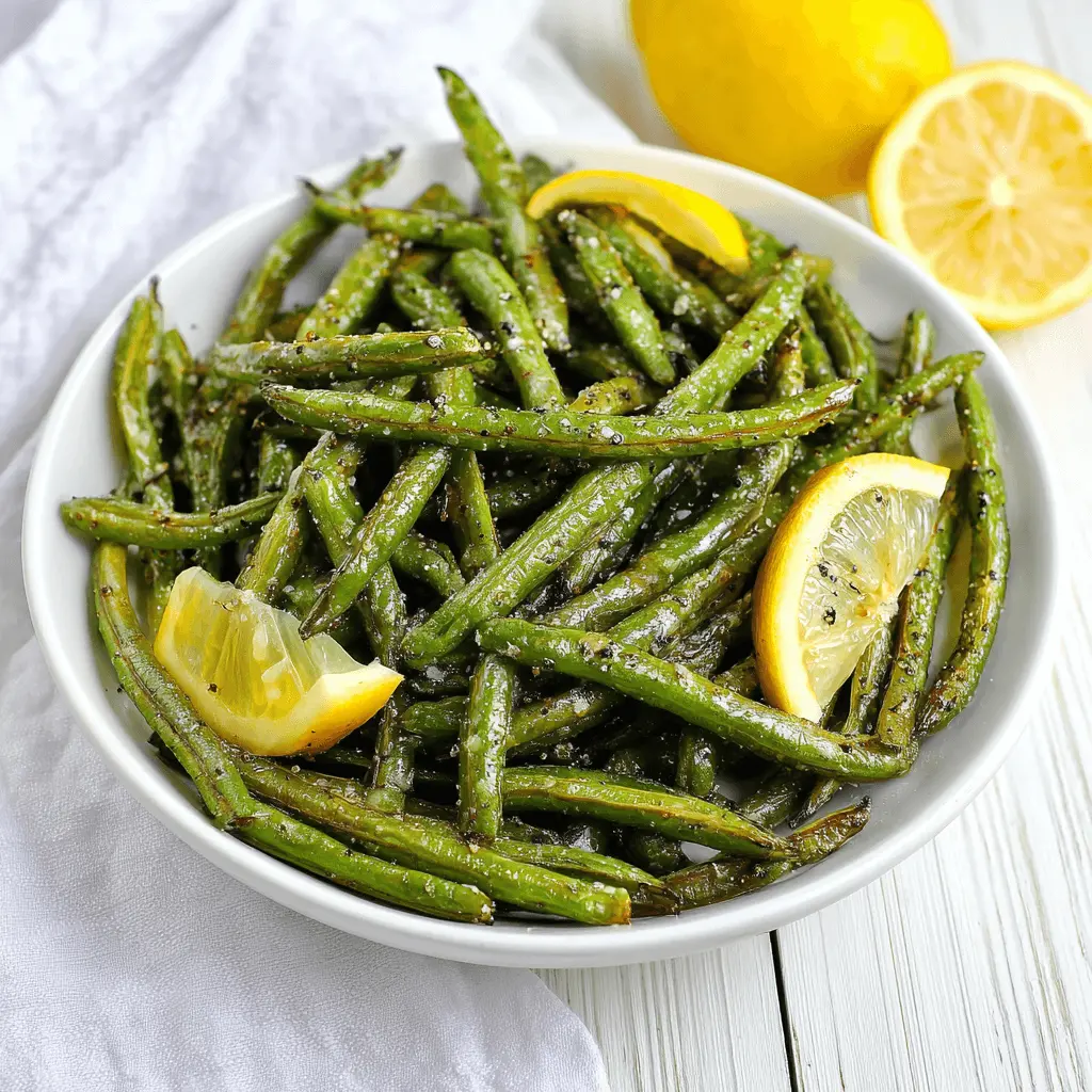 Close-up of perfectly seasoned air fryer green beans with fresh lemon slices in a white bowl.