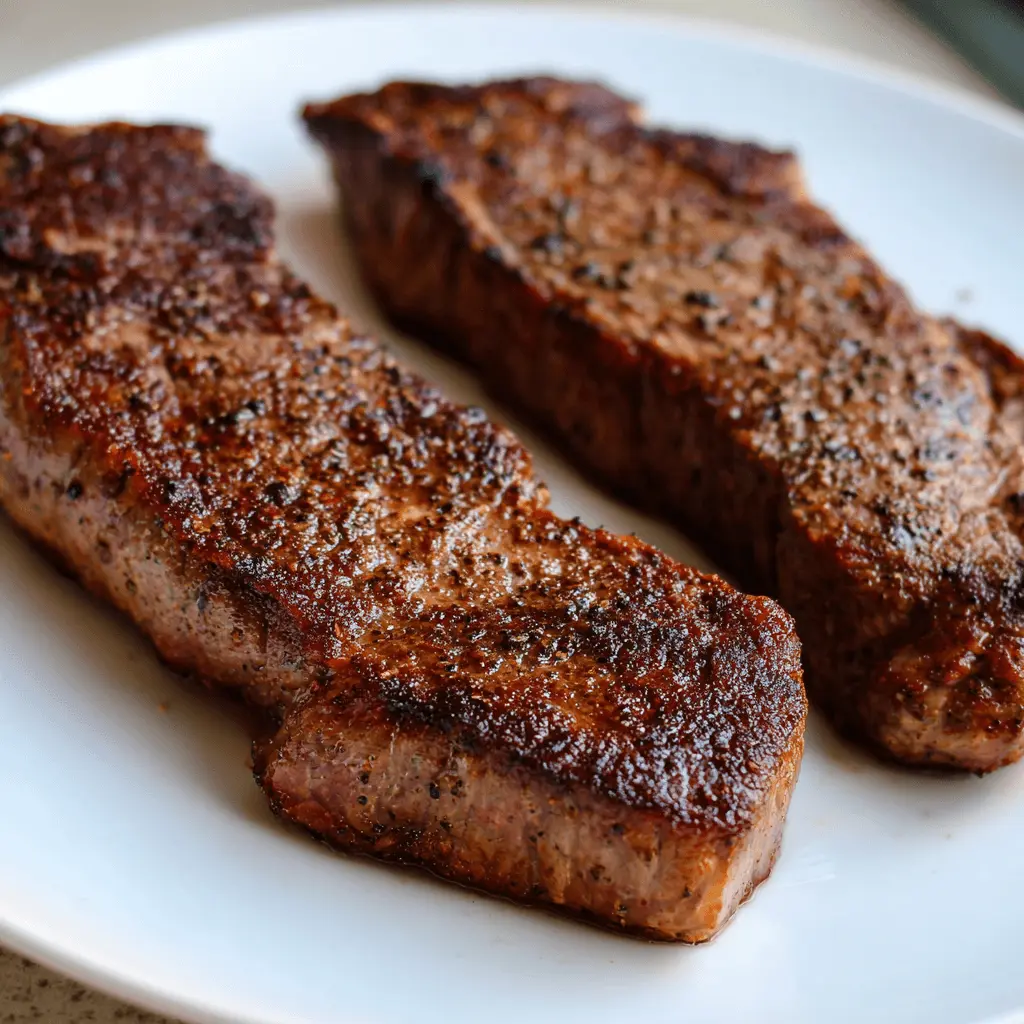 Close-up of perfectly seared air fryer steak with a dark crust and coarse pepper, presented on a white plate.