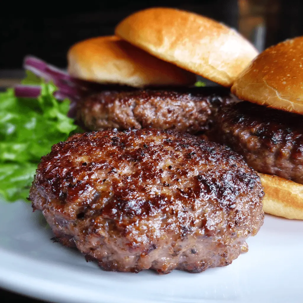 Close-up of perfectly seared mini air fryer burgers with fresh lettuce and red onion on a white plate.
