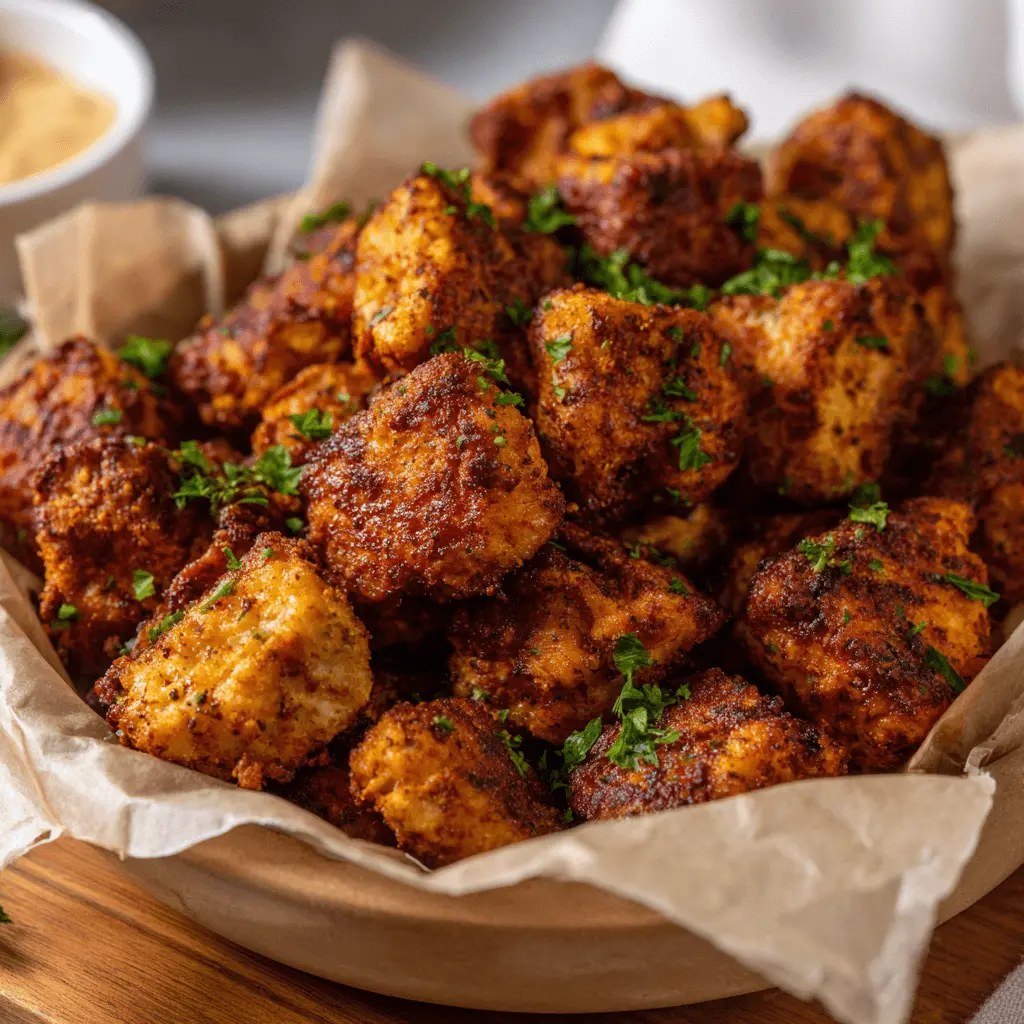 Appetizing close-up of golden-brown air fryer chicken bites, seasoned and garnished with herbs, served in a rustic wooden bowl with a dipping sauce.
