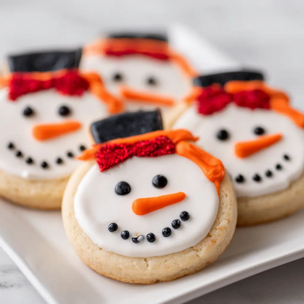 Close-up of festive snowman cookies on a white serving plate, featuring detailed frosting and holiday decorations.