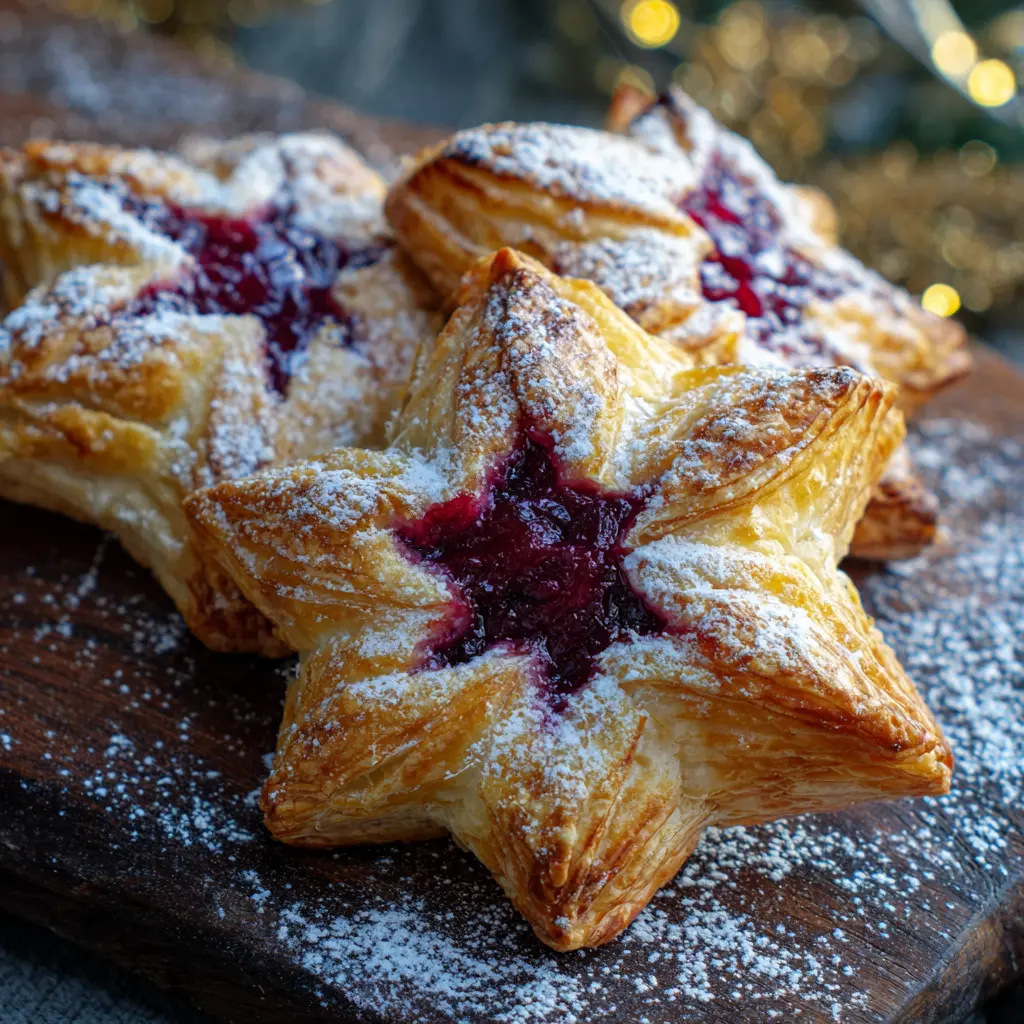 Close-up of golden, sugar-dusted Christmas Puff Pastry Stars with berry filling on a wooden surface.