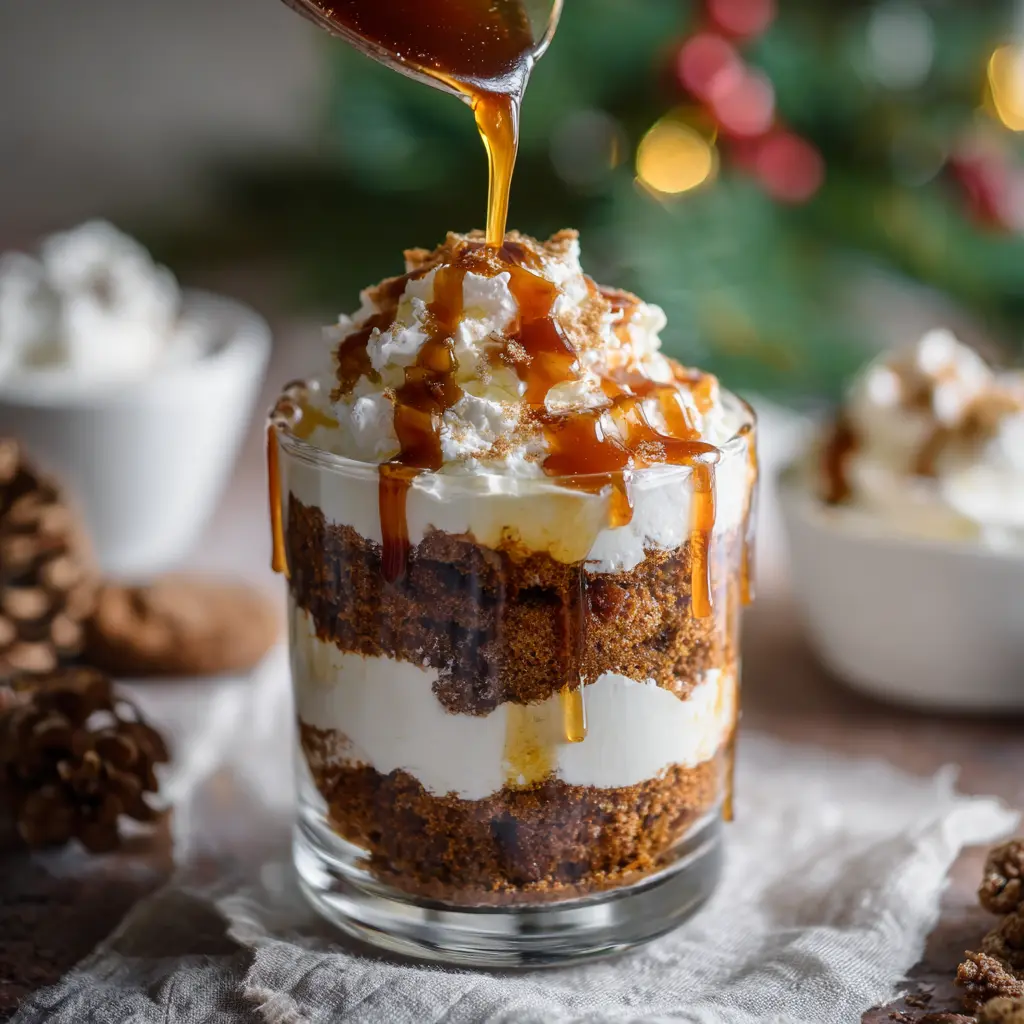 Delicious gingerbread trifle recipe with spiced layers, whipped cream, and caramel sauce, perfect for holiday celebrations.