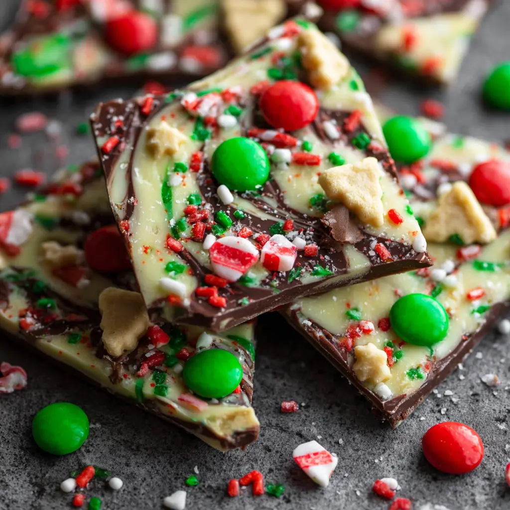 Festive Christmas chocolate bark, a delicious and easy Christmas chocolate recipe, adorned with red and green candies, sprinkles, and peppermint.