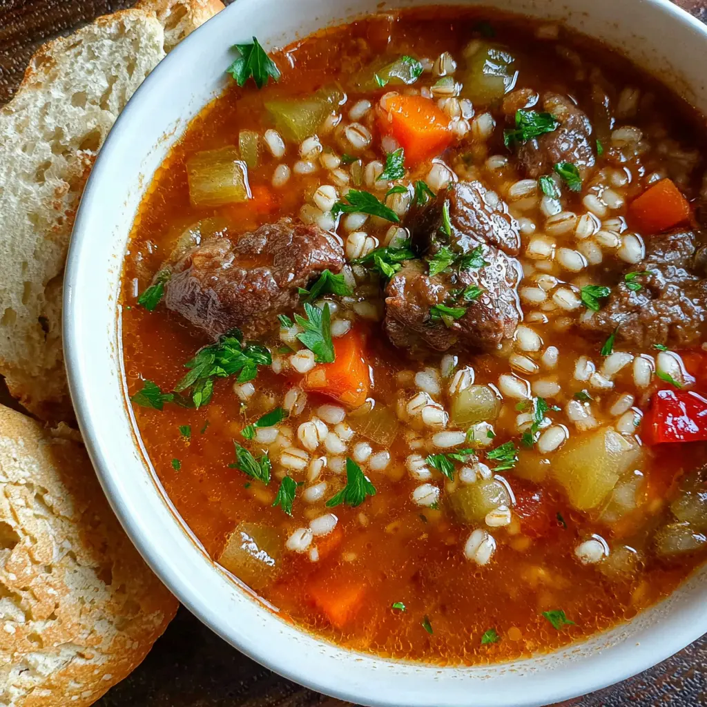 Hearty beef barley soup recipe, brimming with tender beef, barley, and vegetables, served with crusty bread.