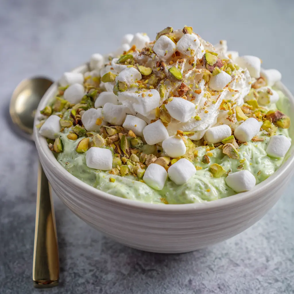 Close-up of a vibrant green pistachio salad with whipped cream, mini marshmallows, and chopped pistachios in an elegant white bowl.