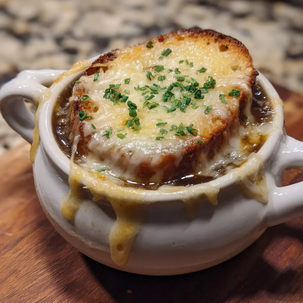 Appetizing close-up of classic french onion soup in a white crock, topped with bubbly melted cheese and a golden baguette slice.