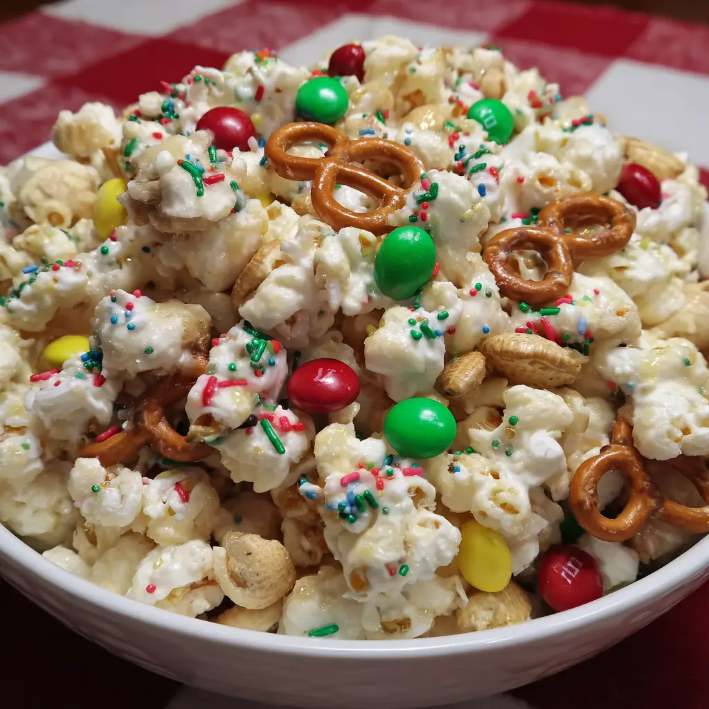 A vibrant, easy Christmas snack mix in a white bowl, featuring white chocolate-coated popcorn, festive red and green M&M's, and crunchy pretzels on a checkered tablecloth.
