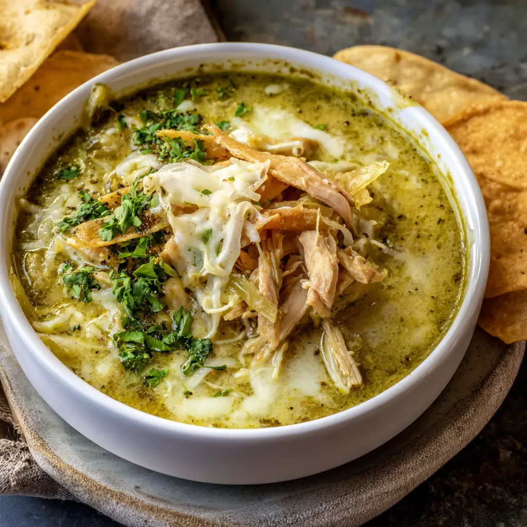 Close-up of a hearty green enchilada soup with shredded chicken, melted cheese, and crispy tortilla strips.